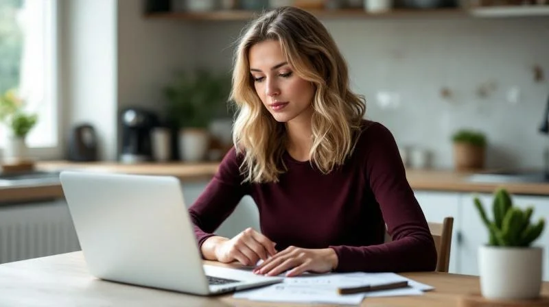 Frau liest Foerderunterlagen am Tisch in einer hellen Wohnung in Heidelberg
