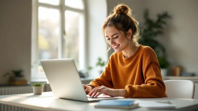 Frau am Schreibtisch in einem hellen Raum in Heidelberg, recherchiert am Laptop