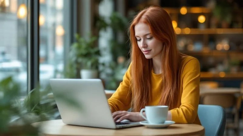 Frau lernt fuer IHK-Fortbildung an einem Cafe-Tisch in Heidelberg mit Laptop
