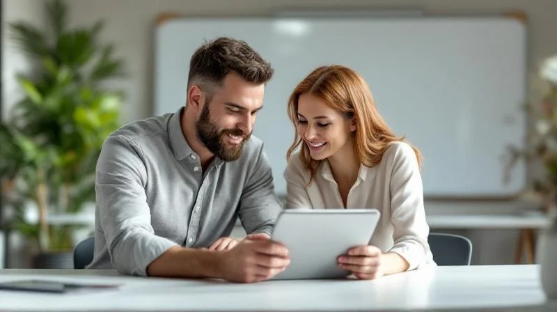 Zwei Personen besprechen Karriereplaene in einem hellen Buero in Heidelberg