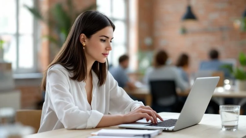 Frau arbeitet konzentriert am Laptop in einem hellen Coworking-Space in Heidelberg