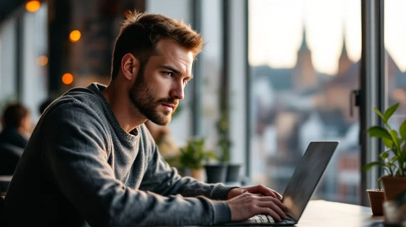 Heidelberger Angestellter im Coworking-Space in Bergheim mit Laptop, im Hintergrund Altstadt und Schlosskulisse