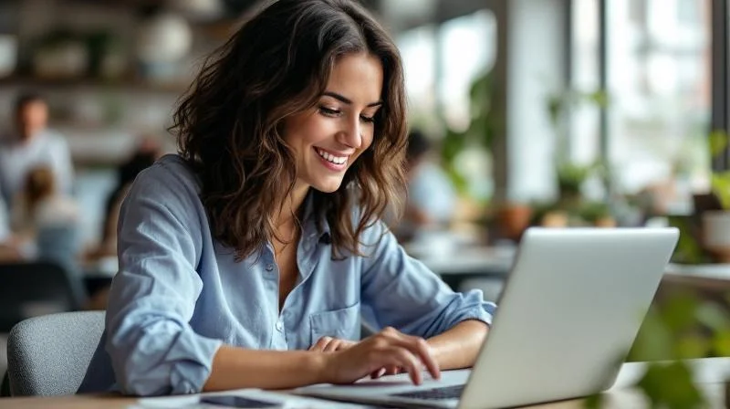 Frau arbeitet konzentriert am Laptop in einem hellen modernen Coworking-Space in Heidelberg