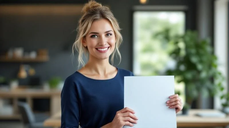 Frau haelt ihr IHK-Zertifikat in einem hellen Buero in Heidelberg