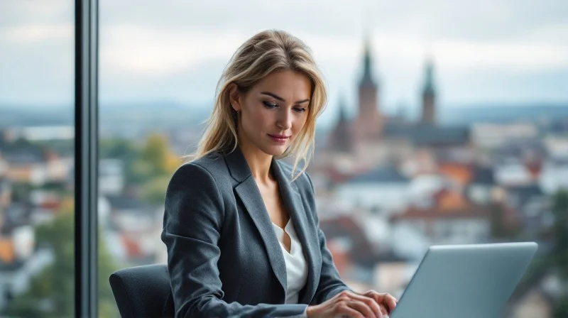 Heidelberger Geschäftsführerin in Büroatmosphäre mit Blick auf Neckar und Schlossfassade im Hintergrund