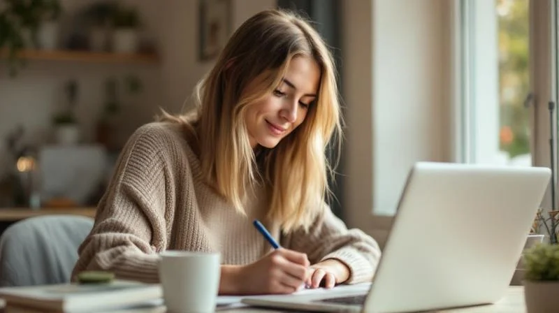 Frau lernt am Schreibtisch in einer hellen Wohnung in Heidelberg